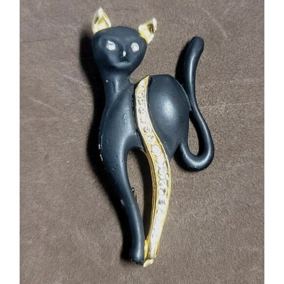 Jewelry - Black Cat Rhinestone Brooch Pin Gold Tone Vintage Jewelry Accessory